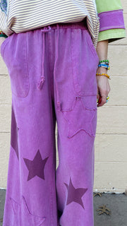 Superstar Distressed Patchwork Wide Leg Pants- Berry