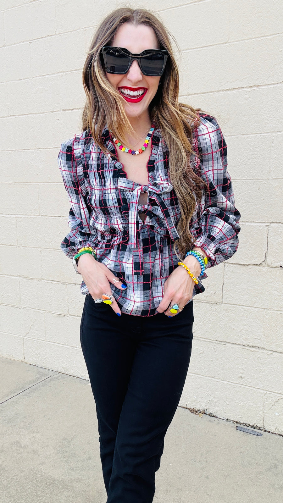 Lyla Plaid V-Neck Front Tie Top - Red & Black