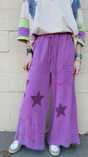 Superstar Distressed Patchwork Wide Leg Pants- Berry