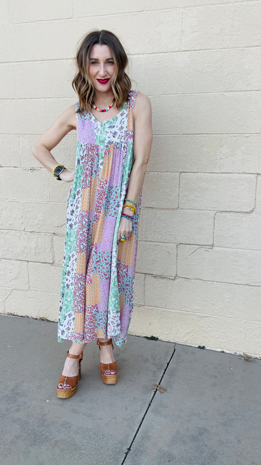 Rhiannon Flowy Boho Patchwork Jumpsuit- Sage & Coral Mix