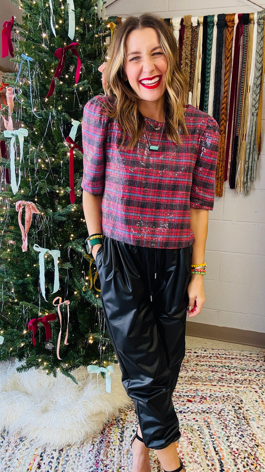 Jingle Bell Rock Sequins Plaid Top - Burgundy Mix