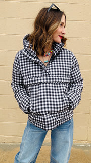 Chilly Chic Plaid Puffer Pullover- Black & White