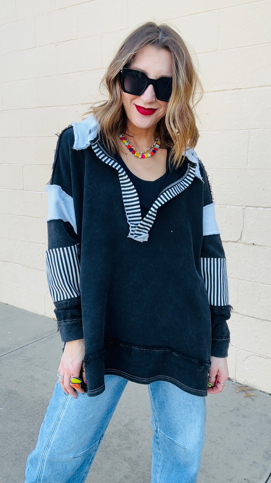 Cozy Fall Pattern Block Distressed Pullover- Black Combo