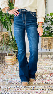 High Rise Vintage Frayed Hem Flare Jeans- Dark Wash