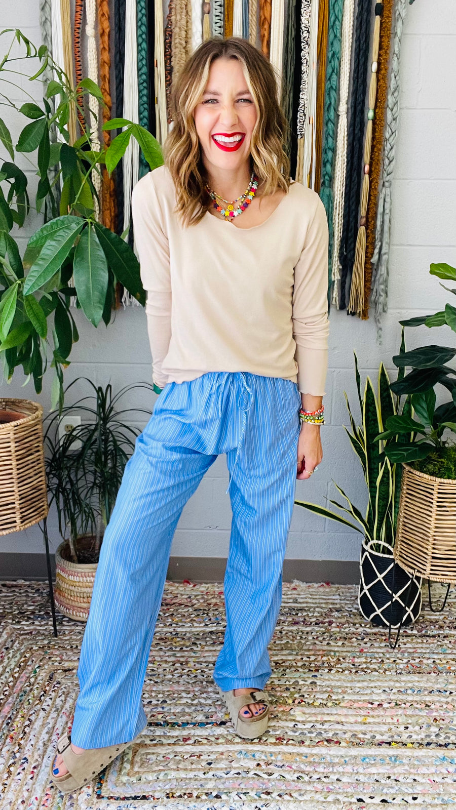 Elanor Striped Relaxed Fit Pants- Blue Mix