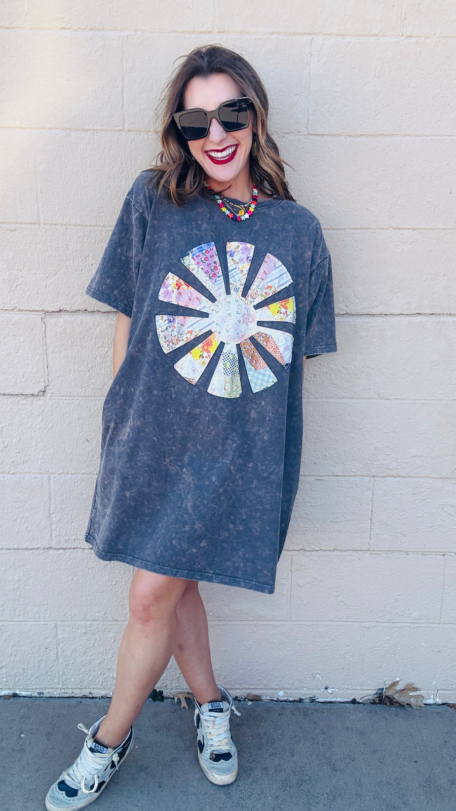 Sunshine Sweetie Patchwork T-Shirt Dress - Smoke