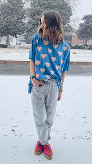 Gimmie Love Heart Stamped Oversized Tee- Blue