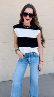 Avery Color Block Knit Cap Sleeve Top- Black
