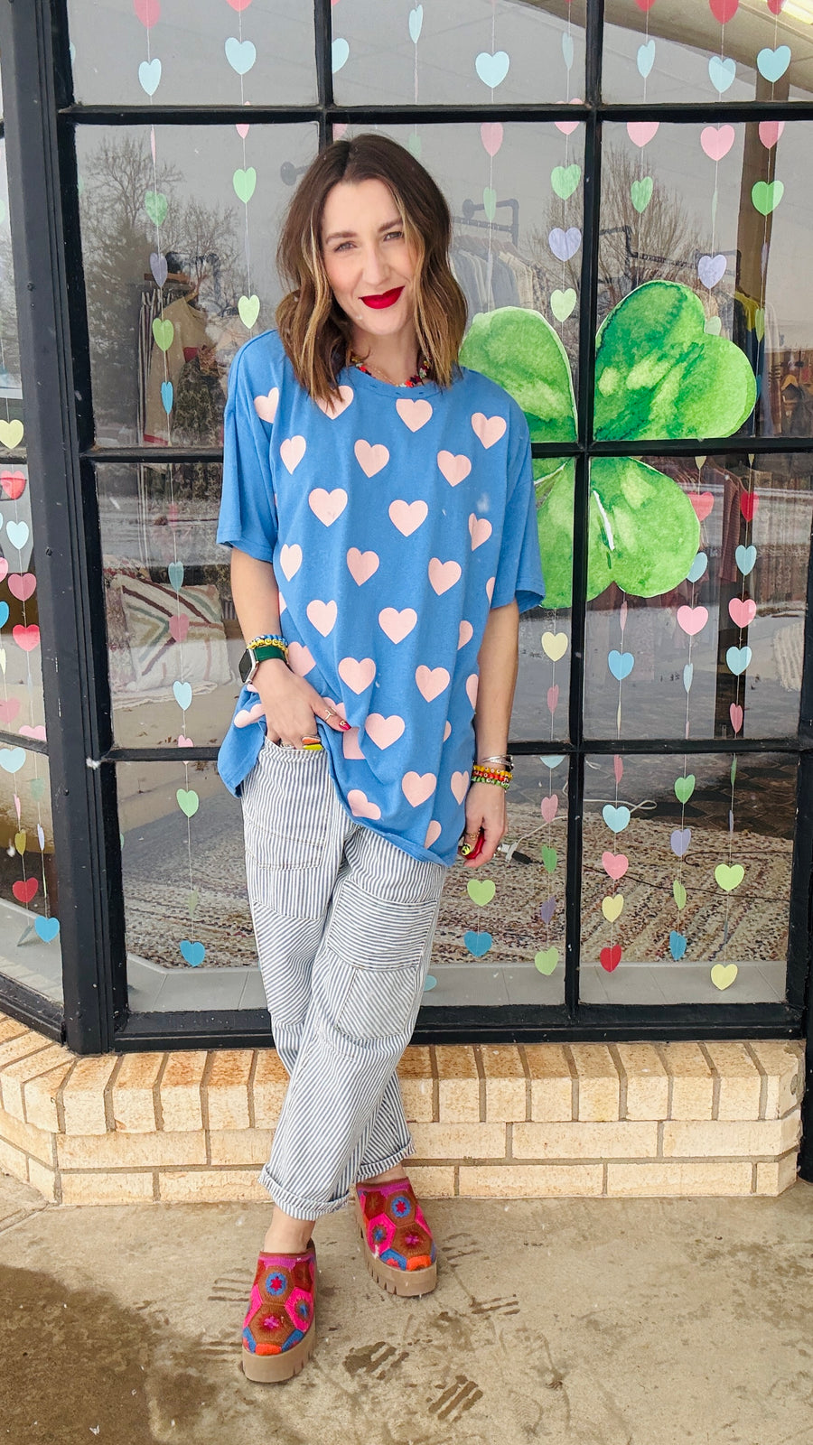 Gimmie Love Heart Stamped Oversized Tee- Blue