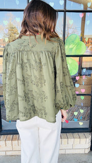 Clover Floral Applique Blouse-Olive