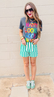 Wrenlee Waffle Knit Striped Shorts- Green & White