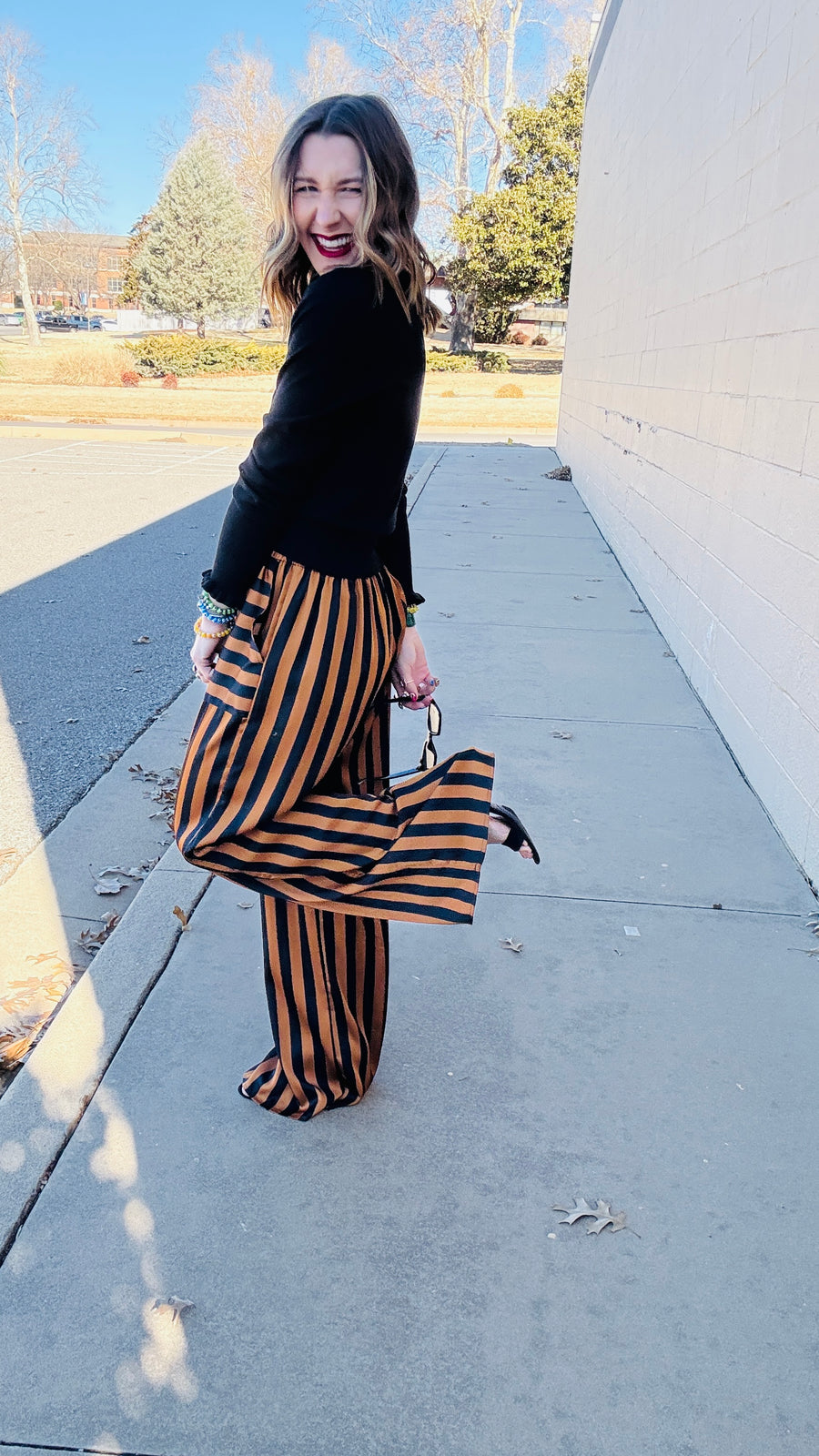 Black & Camel Striped Satin Pants