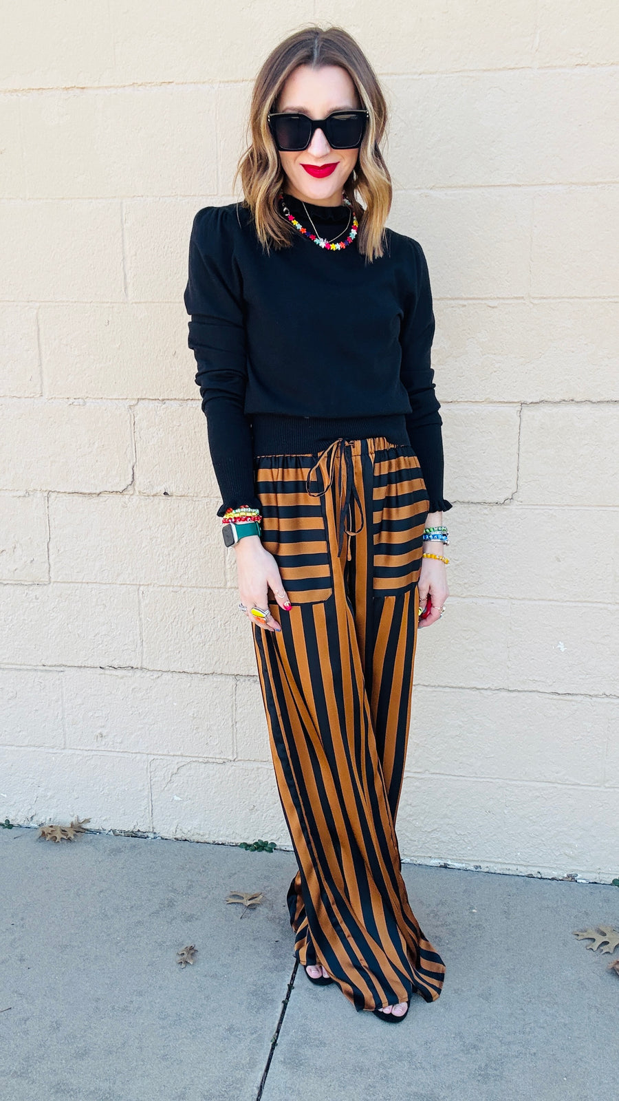 Black & Camel Striped Satin Pants