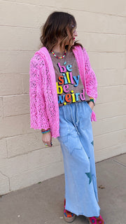 Skyline Breeze Crochet Cardigan-Bubblegum Pink