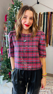 Jingle Bell Rock Sequins Plaid Top - Burgundy Mix