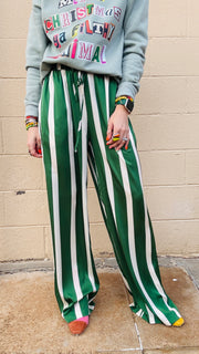 Satin Stroll Striped Wide Leg Pants- Green