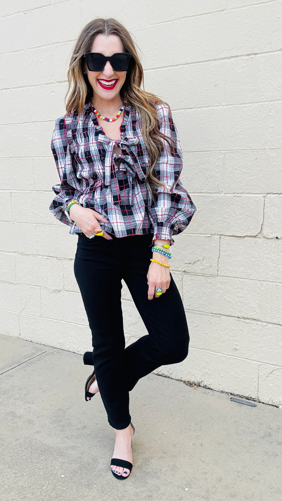 Lyla Plaid V-Neck Front Tie Top - Red & Black