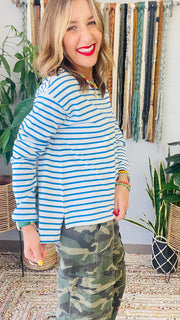 Kaylor Striped Long Sleeve Top- Ivory & Blue