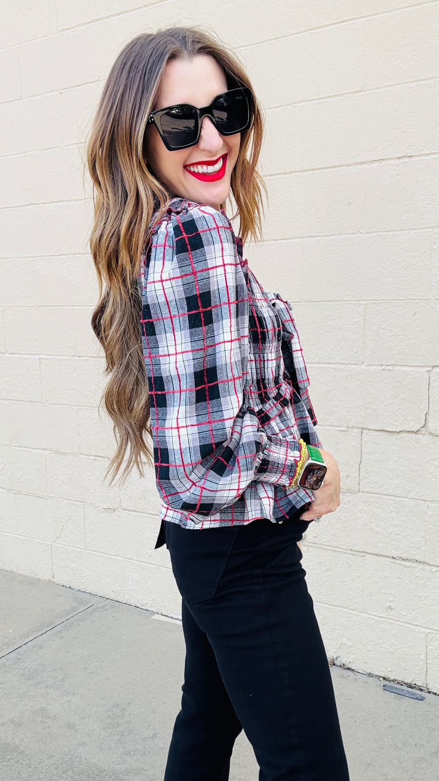 Lyla Plaid V-Neck Front Tie Top - Red & Black