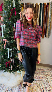 Jingle Bell Rock Sequins Plaid Top - Burgundy Mix