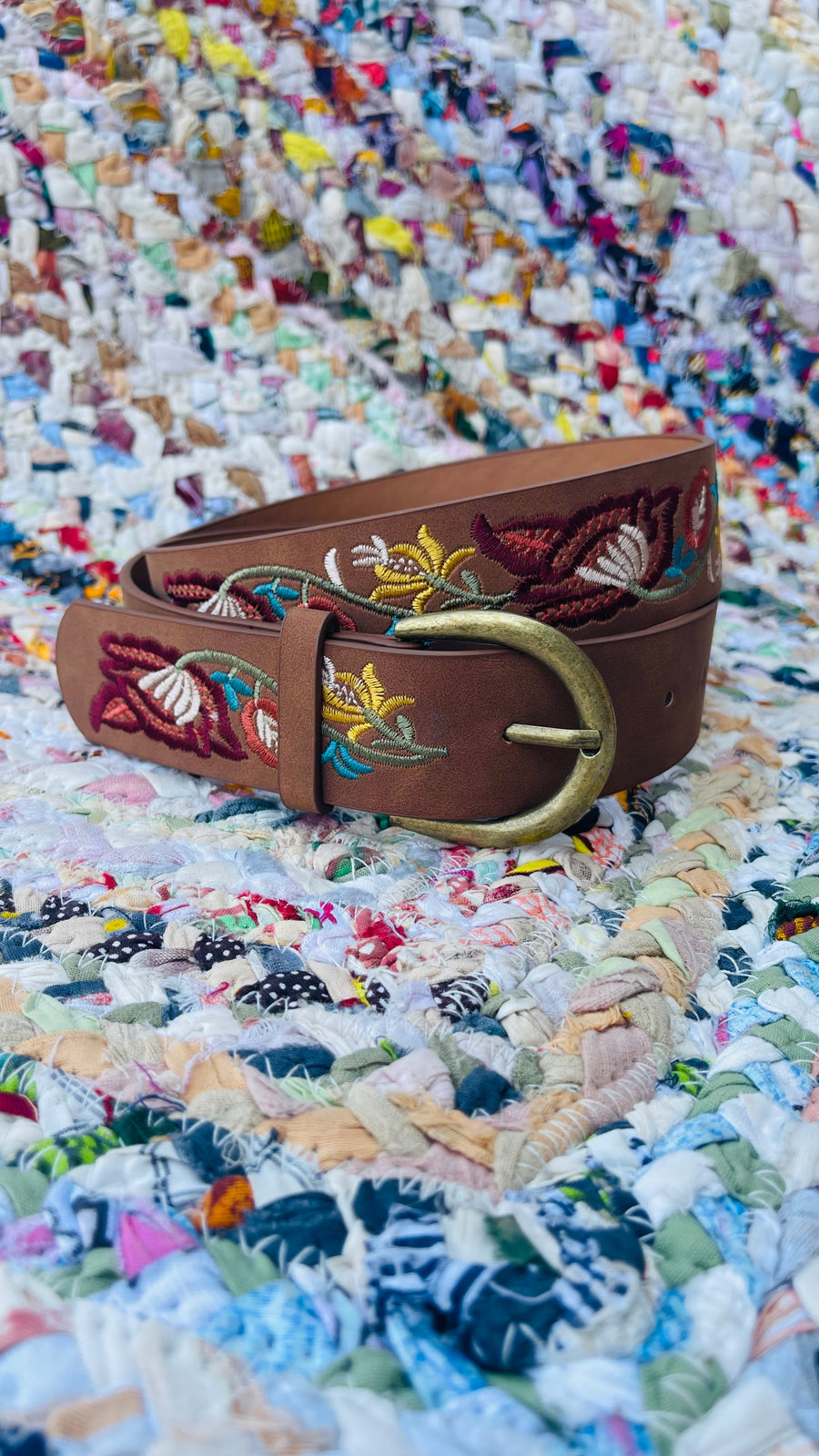 Floral Embroidered Statement Belt- Camel