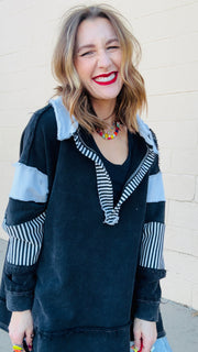 Cozy Fall Pattern Block Distressed Pullover- Black Combo