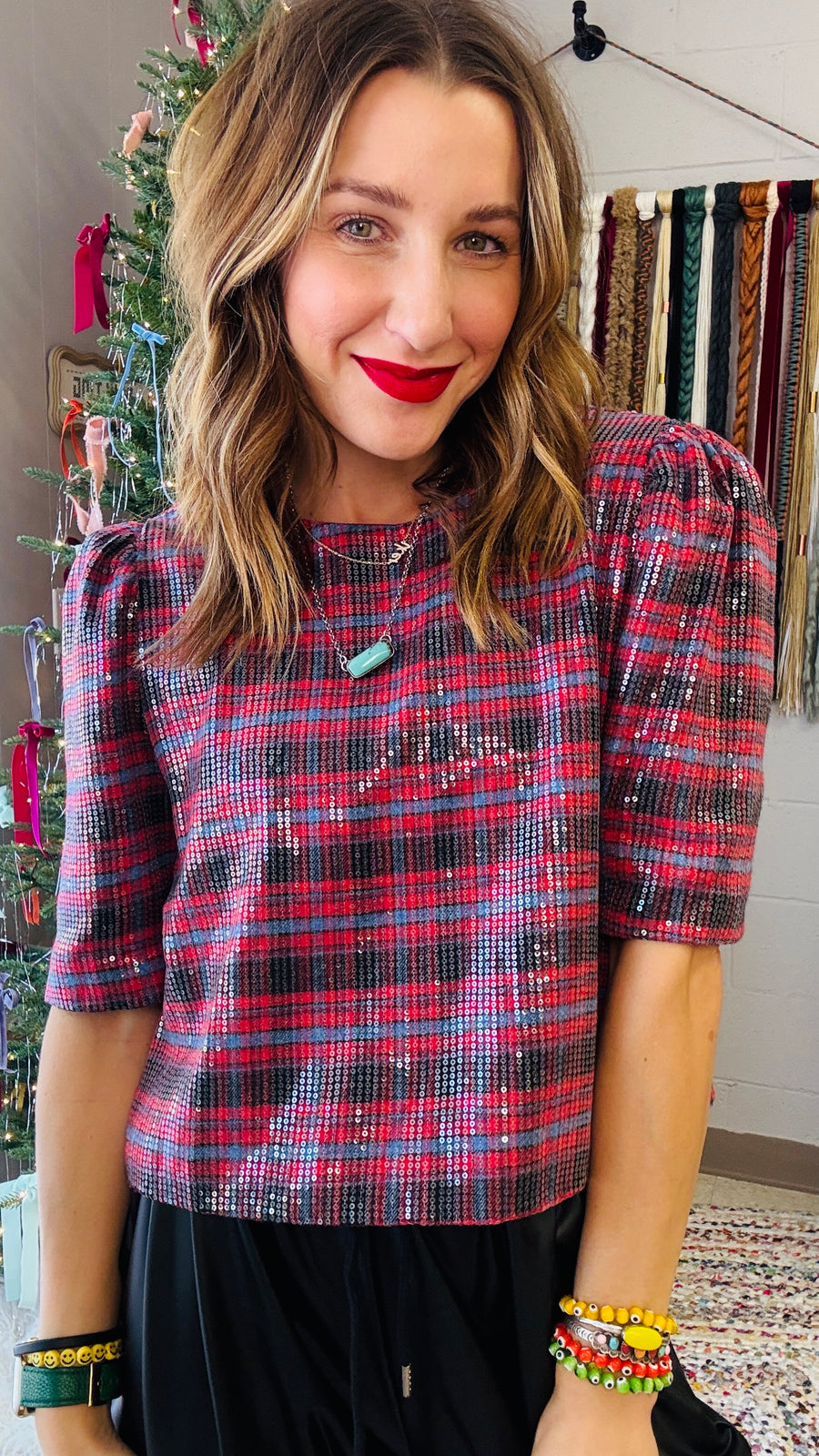 Jingle Bell Rock Sequins Plaid Top - Burgundy Mix