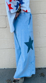 Superstar Distressed Patchwork Wide Leg Pants- Washed Denim