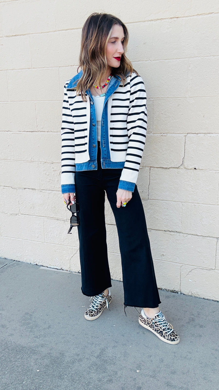 Denim and Striped Mixed Material Jacket