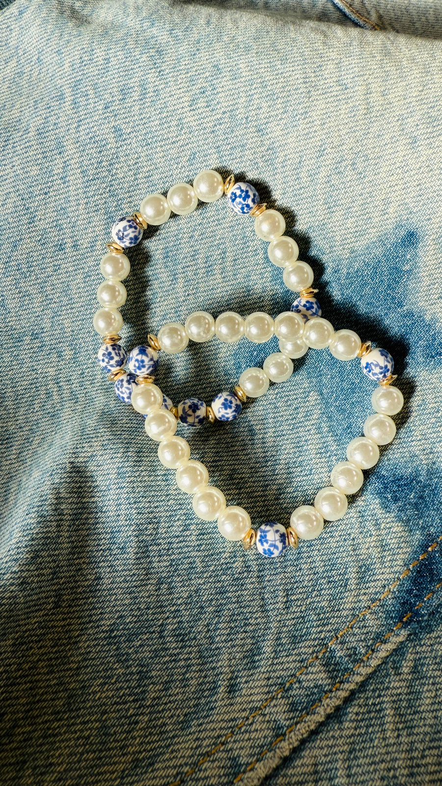 Blue Floral Bead Pearl Bracelet Set