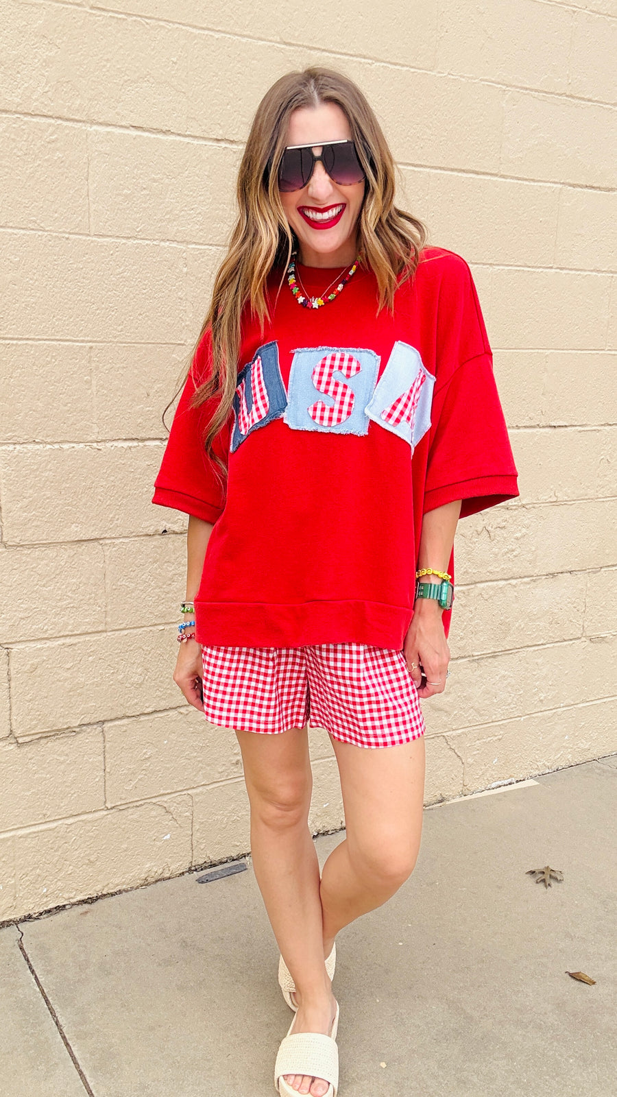 Gingham Breeze Shorts-Red & White