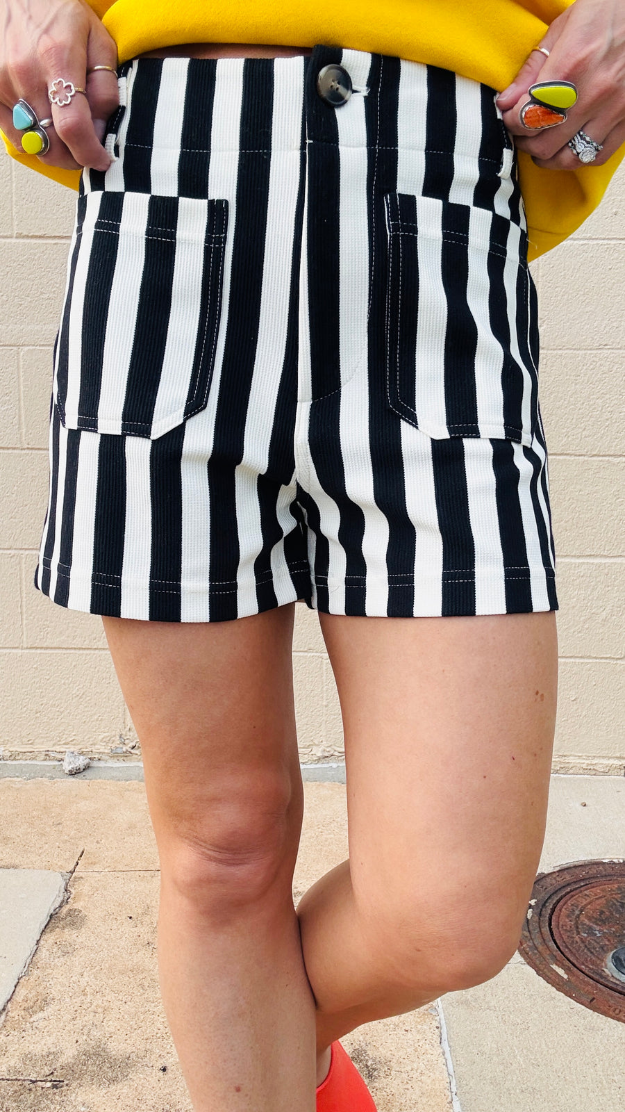 Wrenlee Waffle Knit Striped Shorts- Black & White