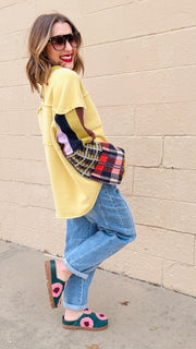 Laney Plaid Contrast Sleeve Fleece Sweater- Mustard