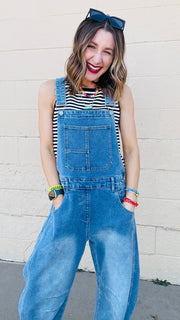 Molly Wide Barrel Leg Denim Overalls- Medium Wash