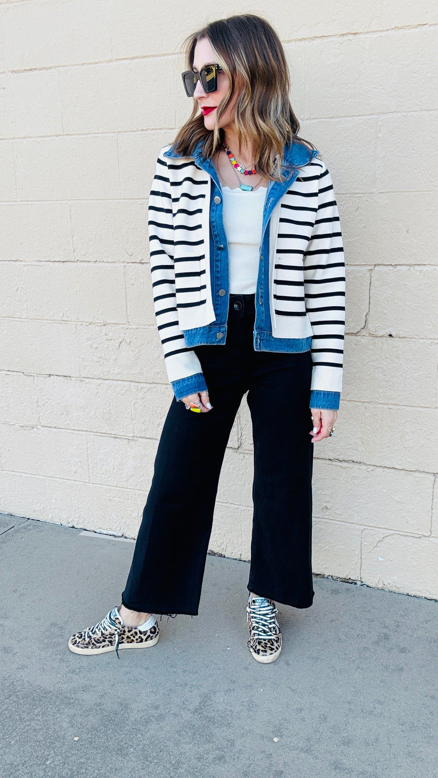 Denim and Striped Mixed Material Jacket