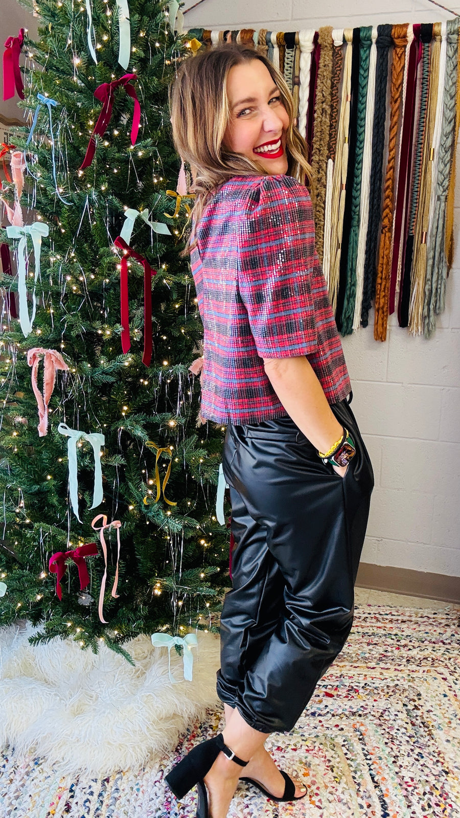 Jingle Bell Rock Sequins Plaid Top - Burgundy Mix