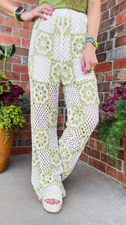 Retro Blossom Pants-Natural & Green