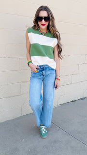 Avery Color Block Knit Cap Sleeve Top- Basil