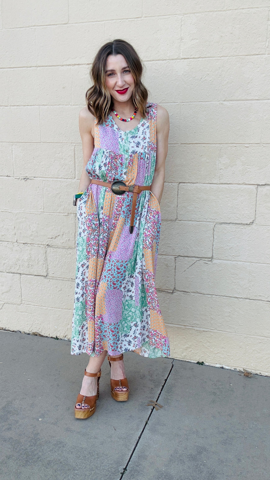 Rhiannon Flowy Boho Patchwork Jumpsuit- Sage & Coral Mix