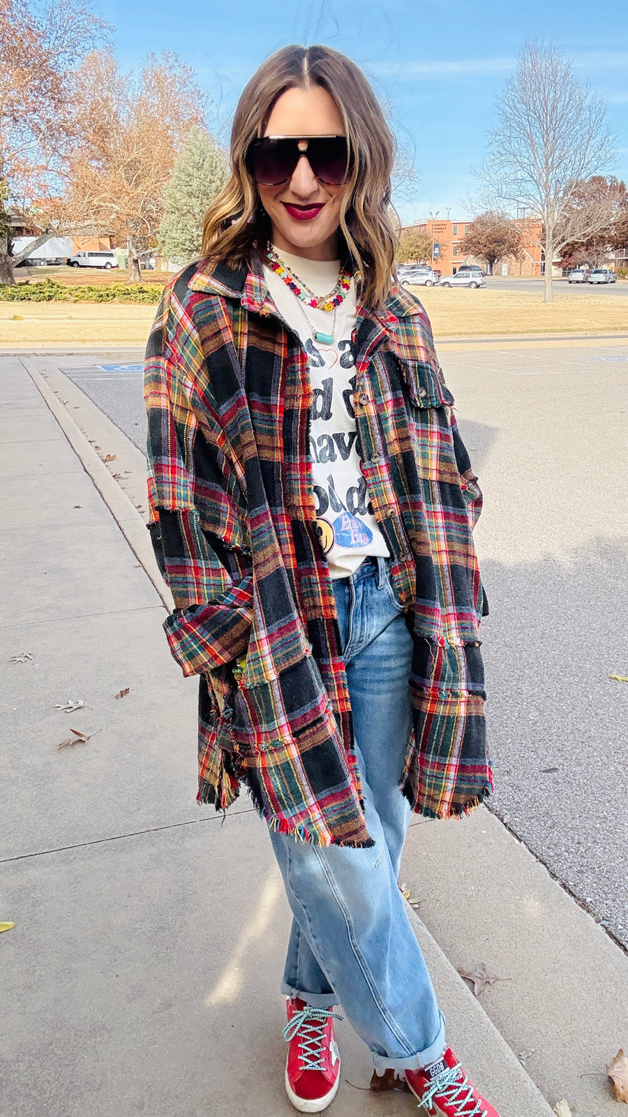 Flannel Season Oversized Raw Seam Top- Black Combo