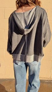 Becca Mixed Material Hooded Top- Charcoal