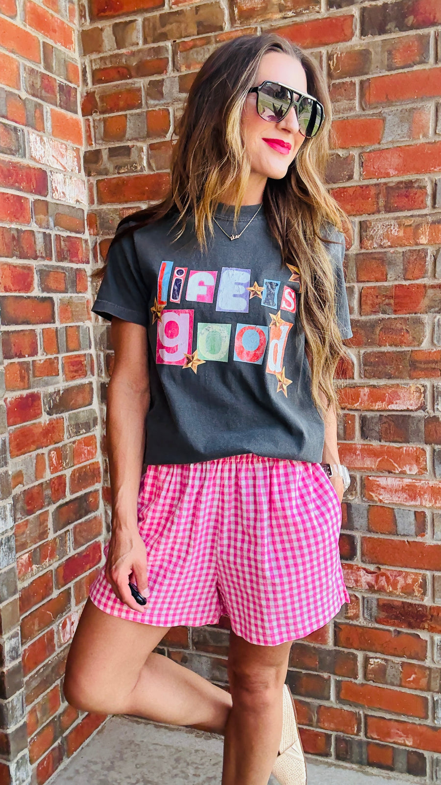 Gingham Breeze Shorts-Pink & White