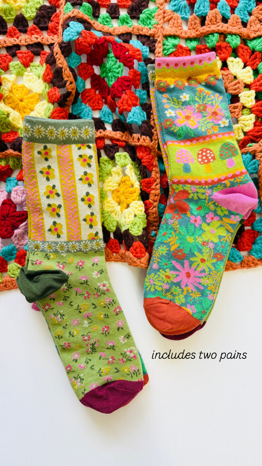 Floral & Mushroom Woven Socks-Set of 2