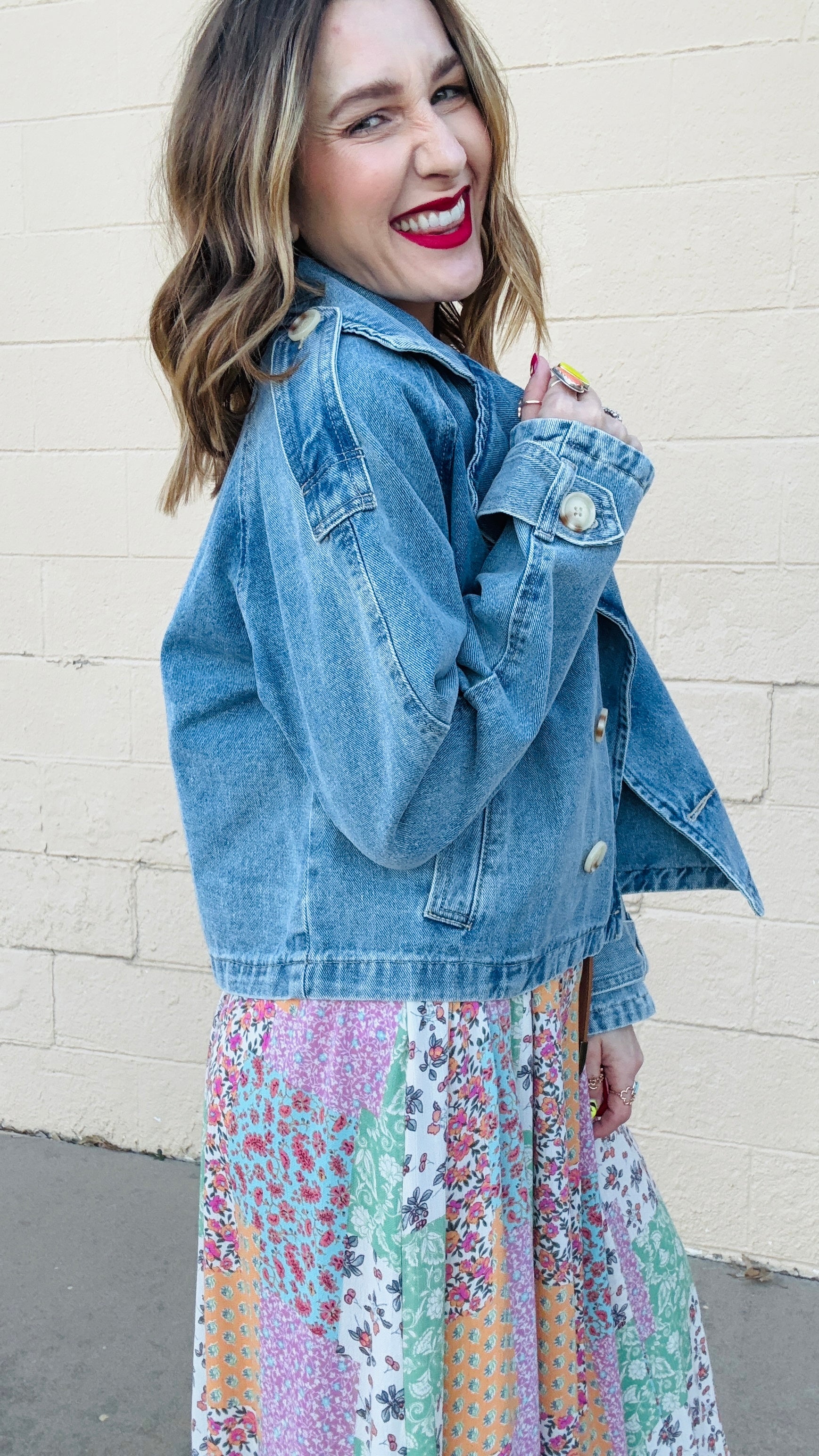 Double Breasted Cropped Denim Jacket- Light Wash