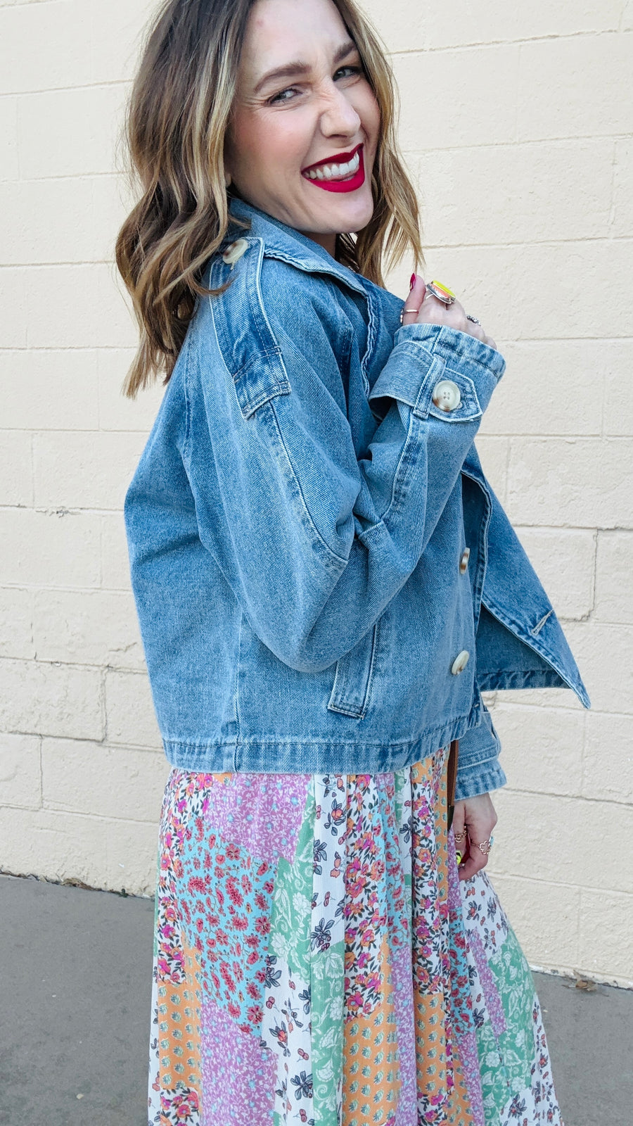 Double Breasted Cropped Denim Jacket- Light Wash