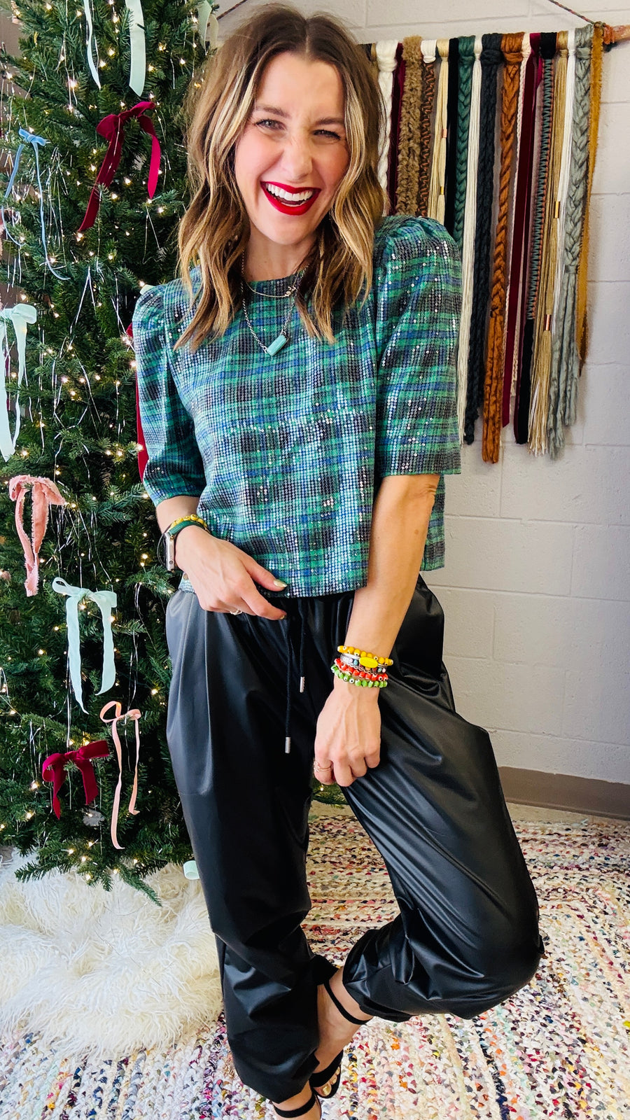 Jingle Bell Rock Sequins Plaid Top- Hunter Green Mix