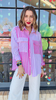 Presley Mixed Stripes Button-Up Top- Pink