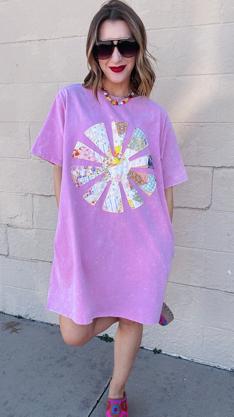 Sunshine Sweetie Patchwork T-Shirt Dress-Pink