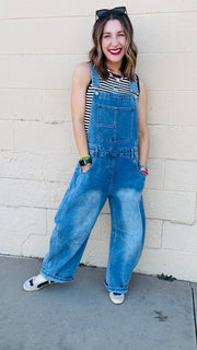 Molly Wide Barrel Leg Denim Overalls- Medium Wash