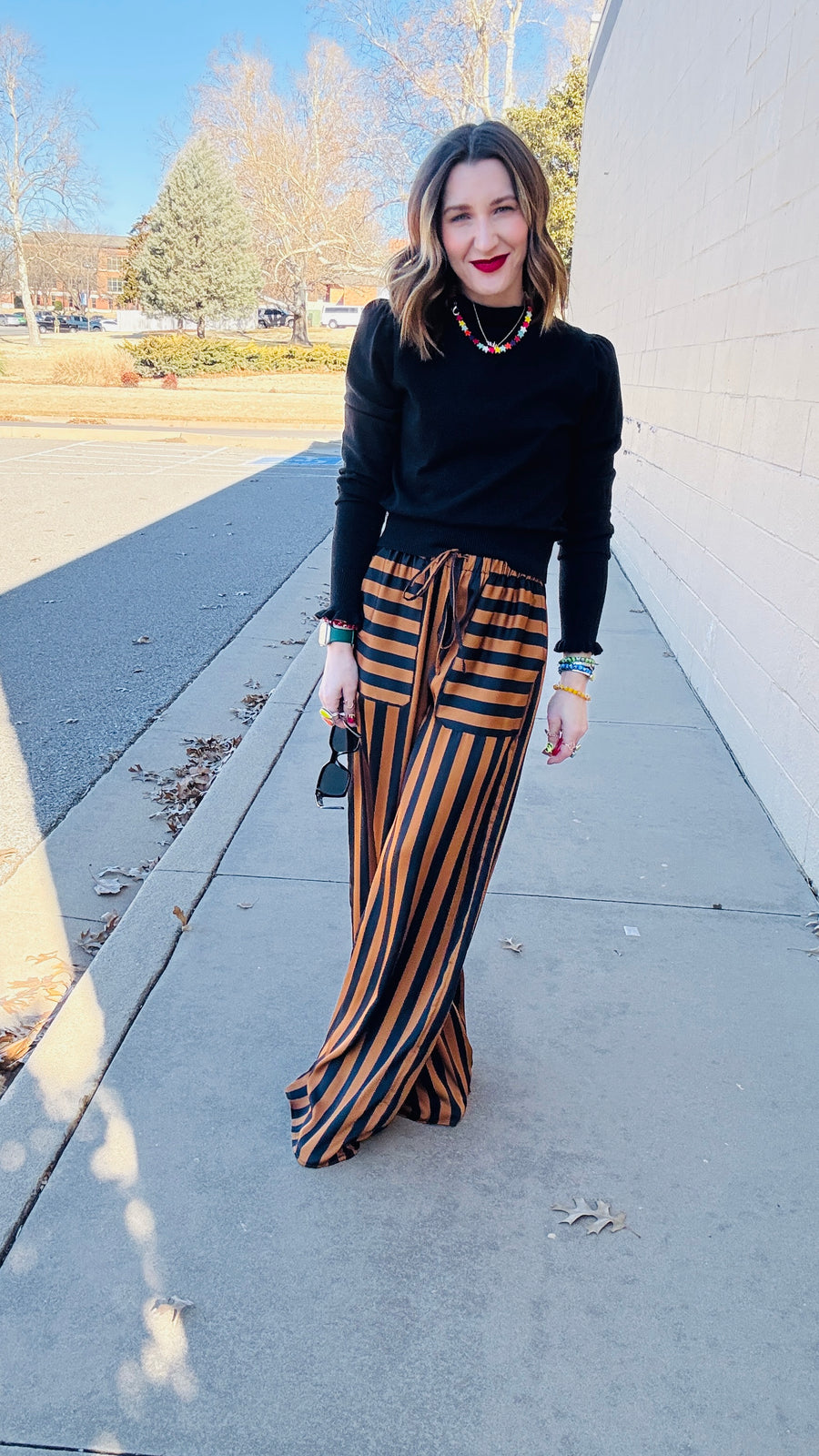 Black & Camel Striped Satin Pants